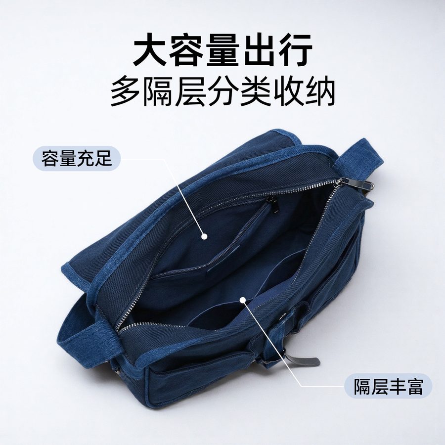 男士斜挎包靛蓝色日系简约通勤工装轻便男包外出大容量单肩帆布包 细节图 3